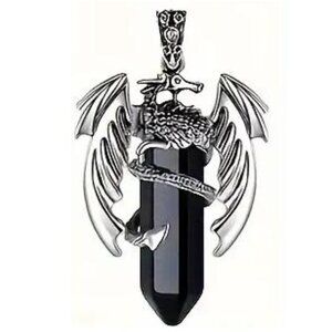 Black Obsidian Natural Gemstone Hexagon Prism Dragon Pendant Necklace Gemstone